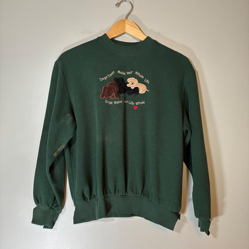 Vintage Dog Lover Embroidered Sweatshirt Hunter Green Ribbed Knit Pullover